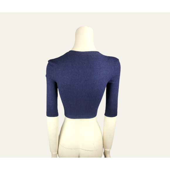 ASOS Zip-Front Crop Top Ribbed Short Sleeve Zip-Up Shirt Blouse Navy Blue US2 - Picture 5 of 8